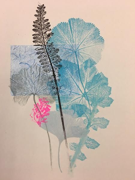Expressive monoprint artwork with unique textures and marks